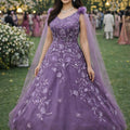 Stunning Purple Embroidered Net Designer Gown with Cape Sleeves for Women