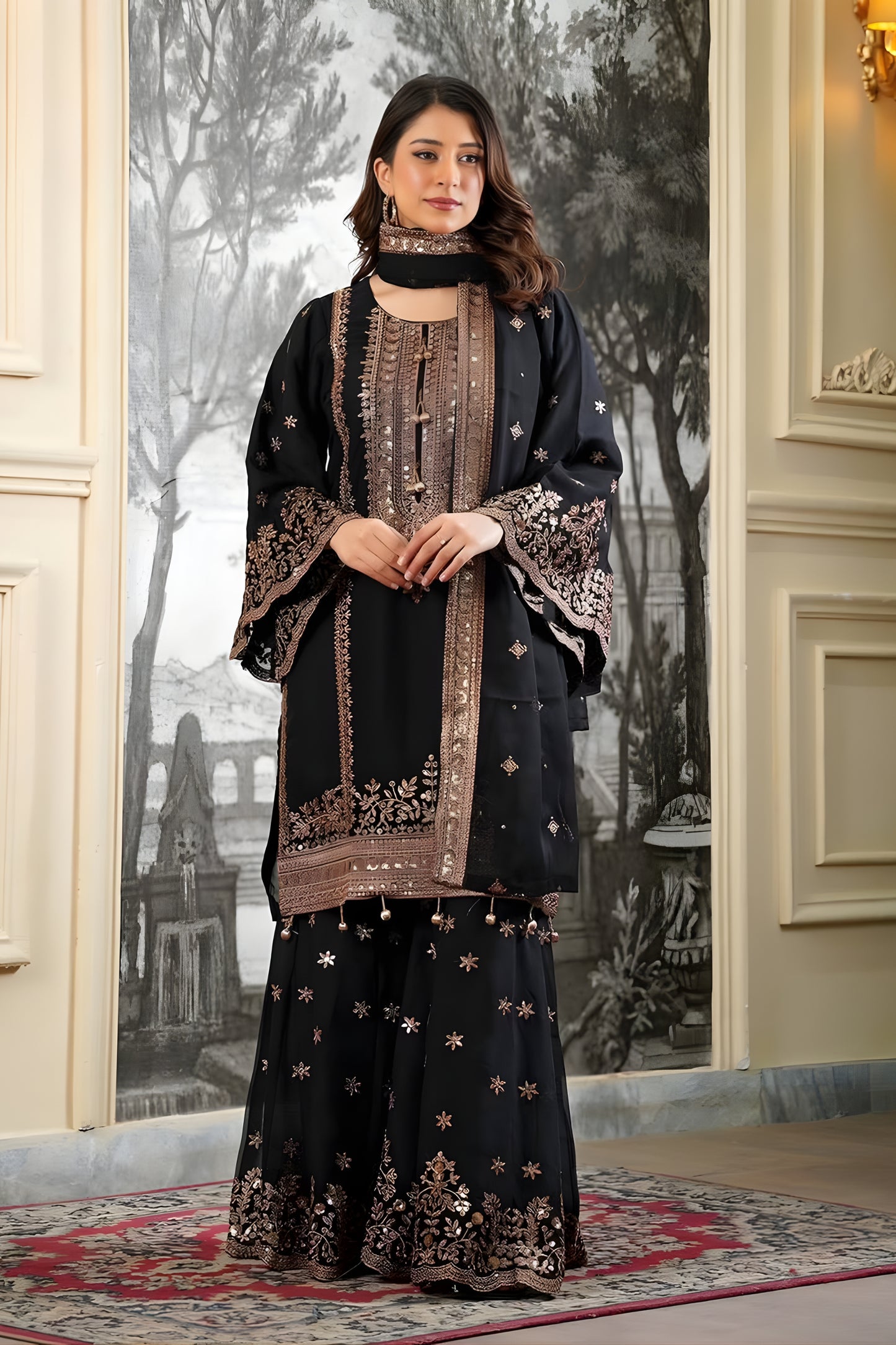 Elegant Black Embroidered Fendy Silk Pakistani Salwar Suit with Palazzo for Women