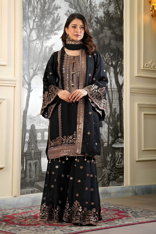 Elegant Black Embroidered Fendy Silk Pakistani Salwar Suit with Palazzo for Women