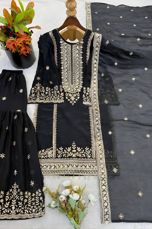 Elegant Black Embroidered Fendy Silk Pakistani Salwar Suit with Palazzo for Women