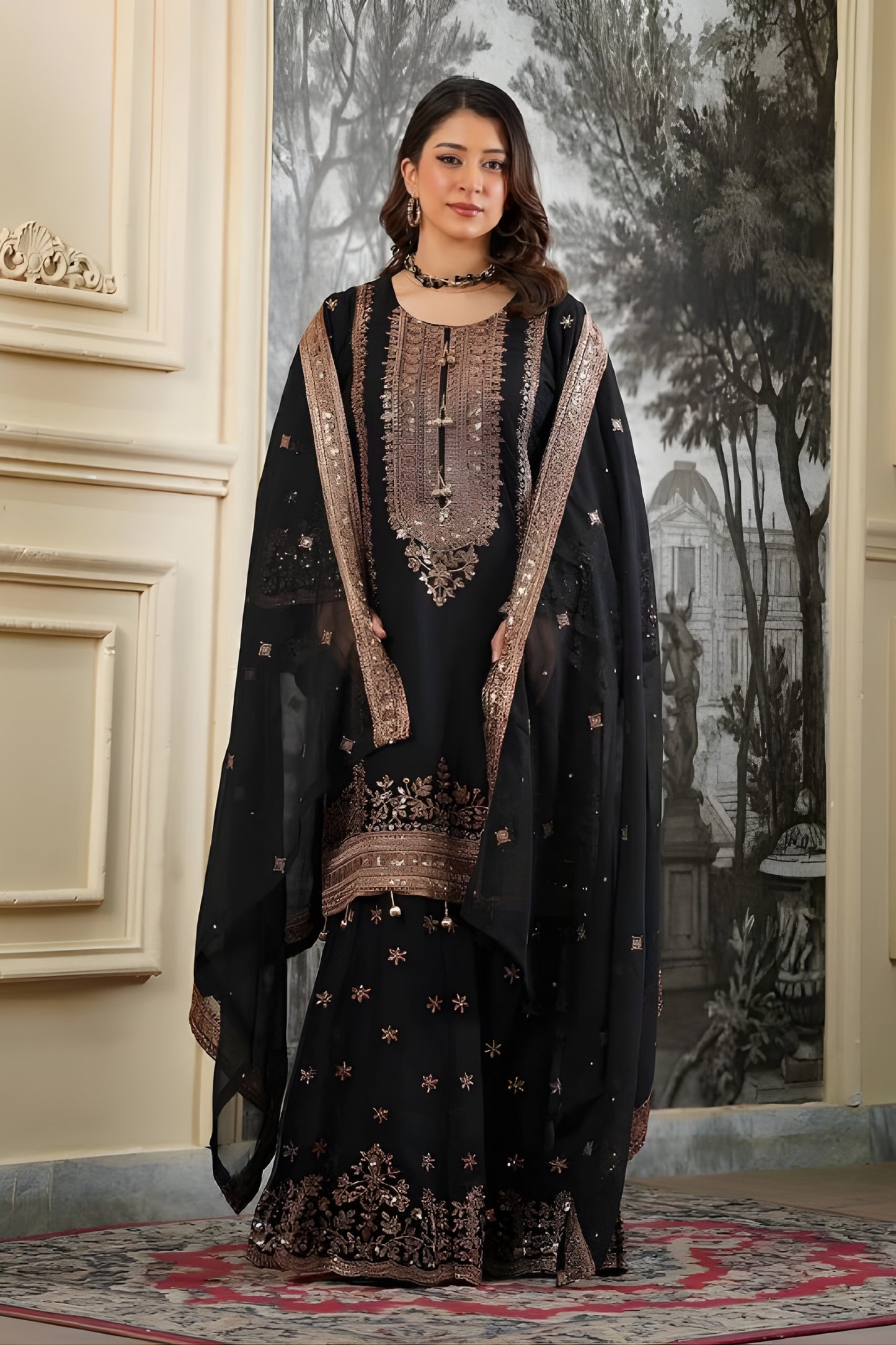 Elegant Black Embroidered Fendy Silk Pakistani Salwar Suit with Palazzo for Women