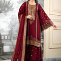 Stunning Wine Embroidered Fendy Silk Pakistani Salwar Suit with Palazzo for Women