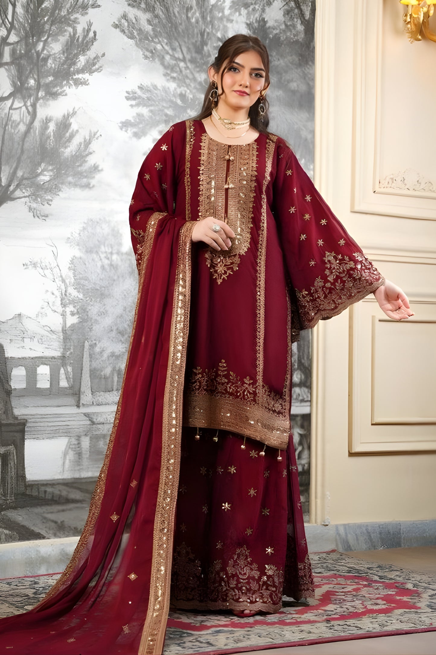 Stunning Wine Embroidered Fendy Silk Pakistani Salwar Suit with Palazzo for Women