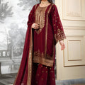 Stunning Wine Embroidered Fendy Silk Pakistani Salwar Suit with Palazzo for Women