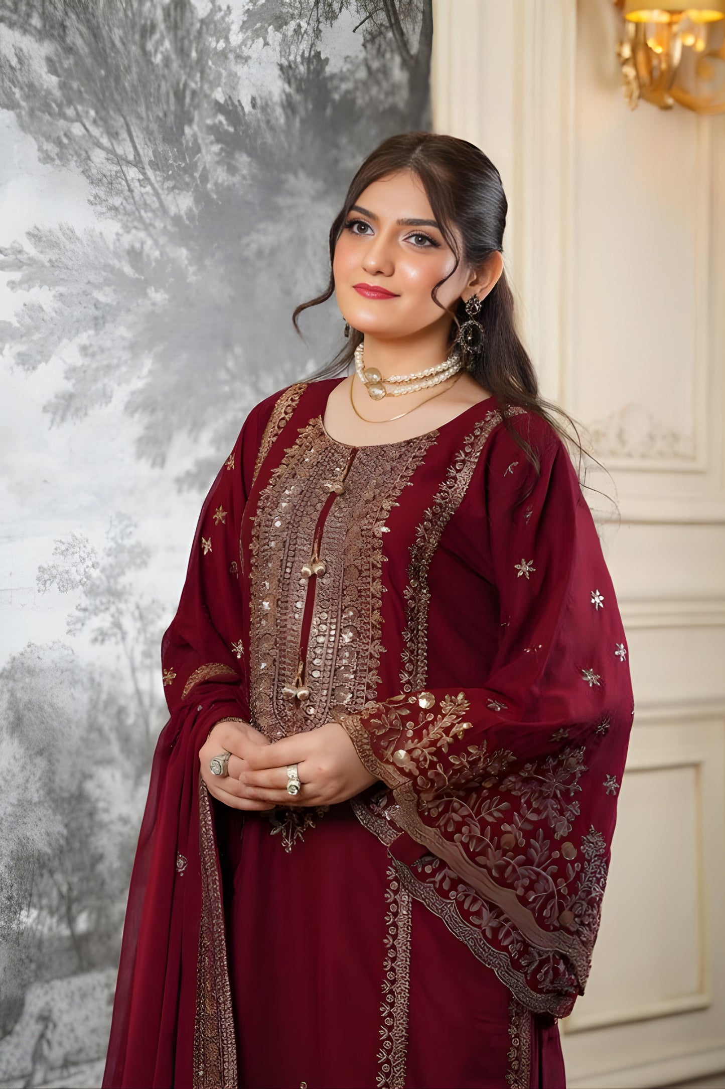 Stunning Wine Embroidered Fendy Silk Pakistani Salwar Suit with Palazzo for Women