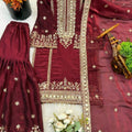 Stunning Wine Embroidered Fendy Silk Pakistani Salwar Suit with Palazzo for Women