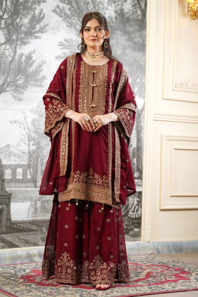 Stunning Wine Embroidered Fendy Silk Pakistani Salwar Suit with Palazzo for Women