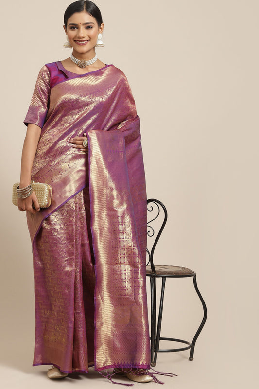 Purple Pink Kanjivaram Silk Saree with Rich Zari Weaving Blouse