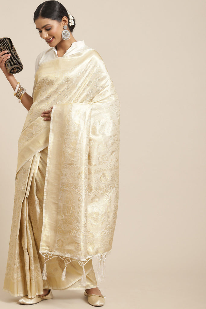 Cream Kanjivaram Silk Saree with Rich Zari Weaving Designer Blouse