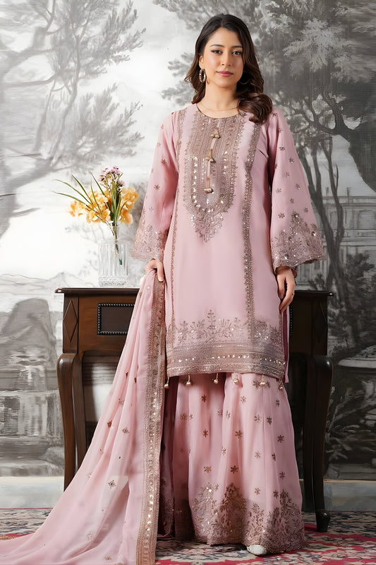 Stylish Dusty Pink Embroidered Fendy Silk Pakistani Salwar Suit with Palazzo for Women