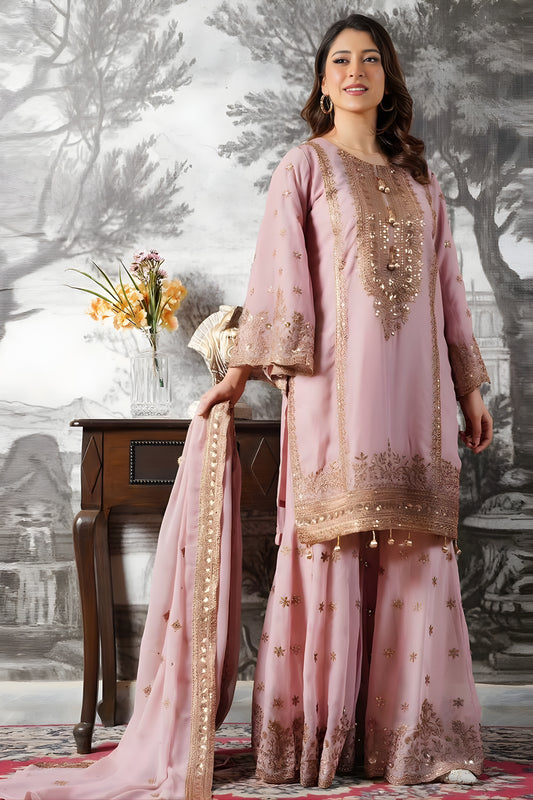 Stylish Dusty Pink Embroidered Fendy Silk Pakistani Salwar Suit with Palazzo for Women