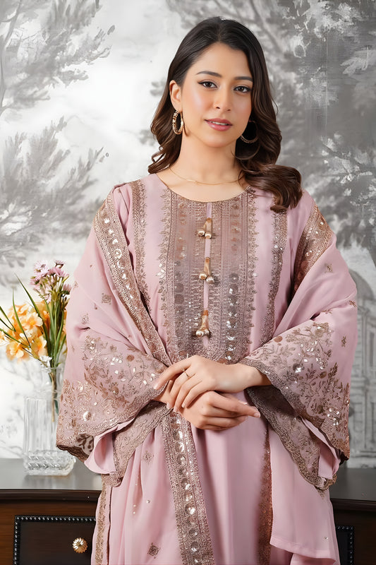 Stylish Dusty Pink Embroidered Fendy Silk Pakistani Salwar Suit with Palazzo for Women