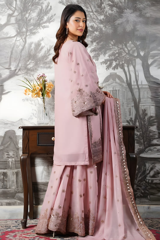 Stylish Dusty Pink Embroidered Fendy Silk Pakistani Salwar Suit with Palazzo for Women