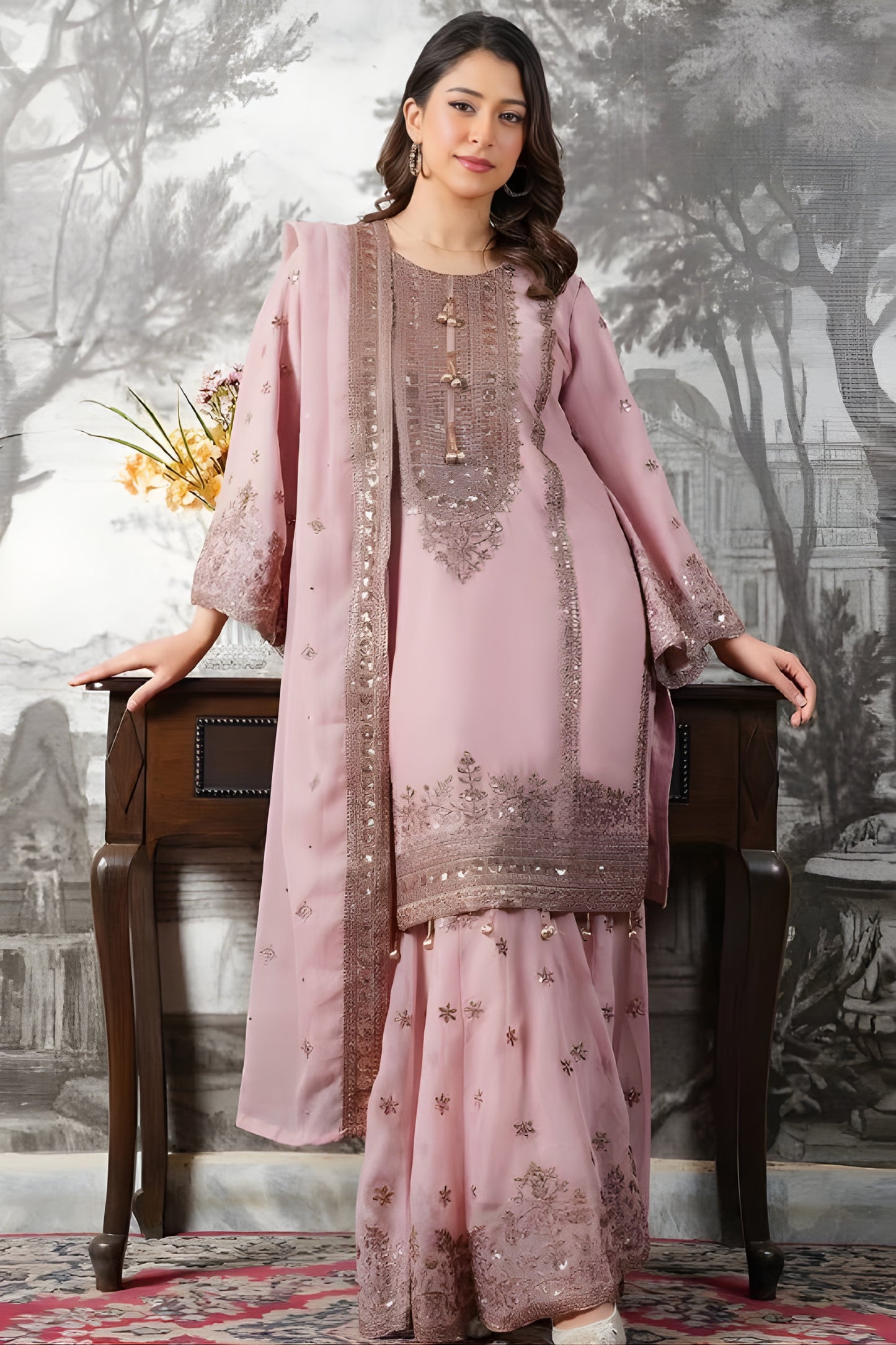 Stylish Dusty Pink Embroidered Fendy Silk Pakistani Salwar Suit with Palazzo for Women