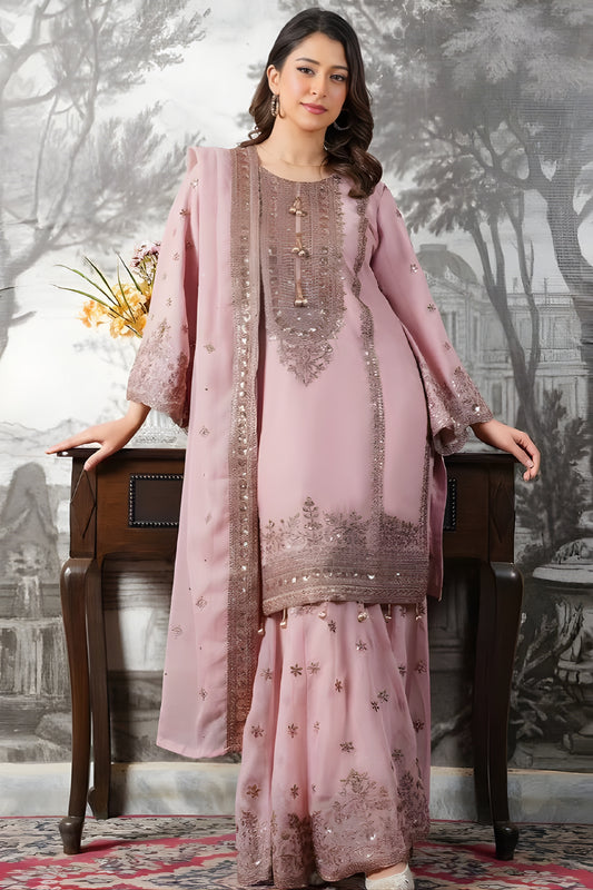 Stylish Dusty Pink Embroidered Fendy Silk Pakistani Salwar Suit with Palazzo for Women