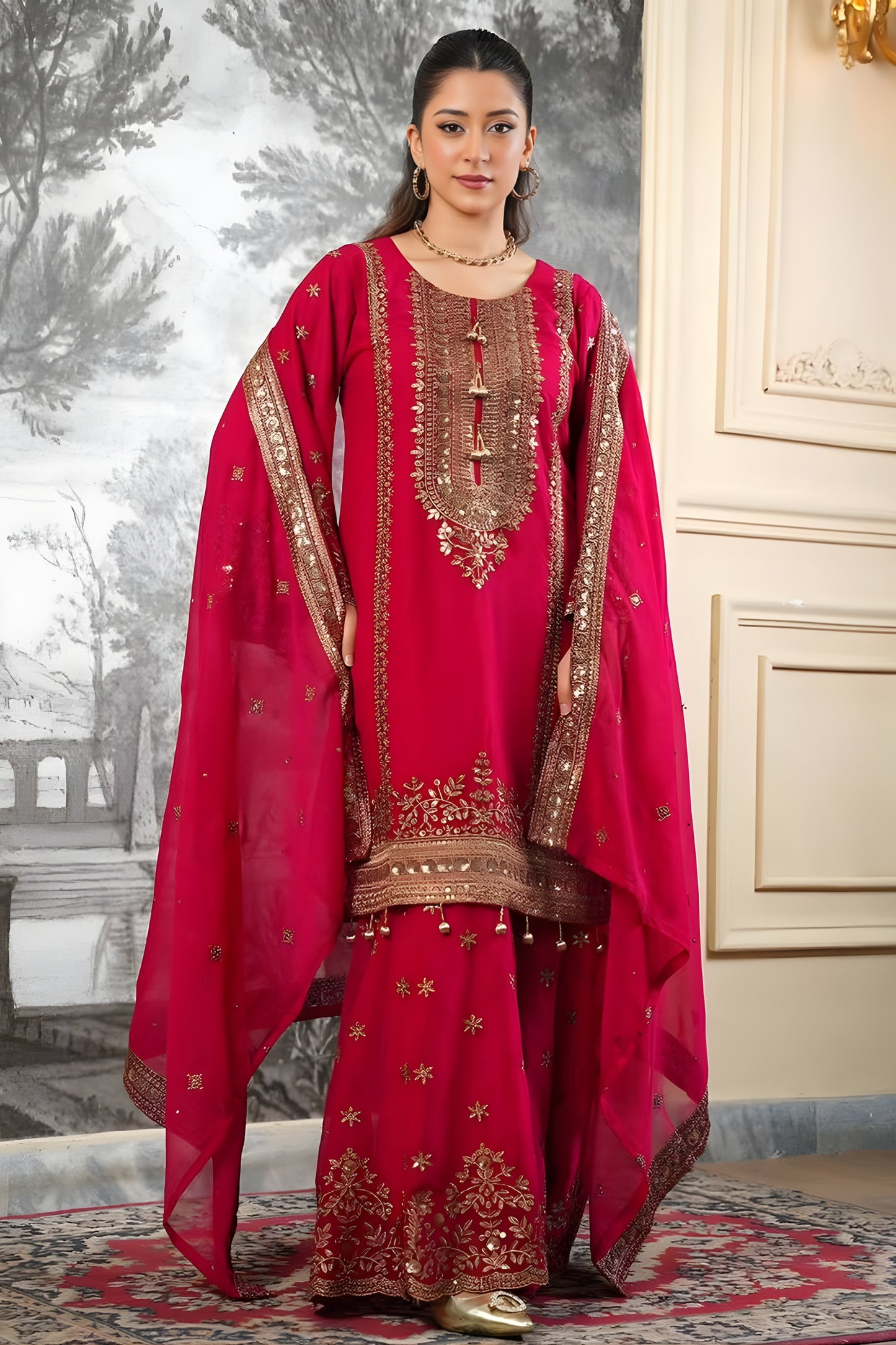 Adorable Rani Pink Embroidered Fendy Silk Pakistani Salwar Suit with Palazzo for Women