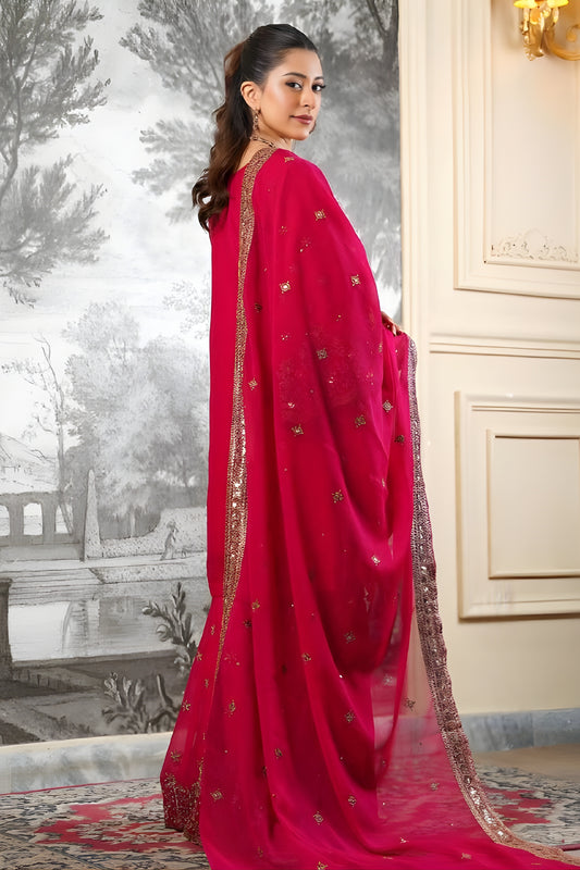 Adorable Rani Pink Embroidered Fendy Silk Pakistani Salwar Suit with Palazzo for Women