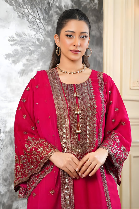 Adorable Rani Pink Embroidered Fendy Silk Pakistani Salwar Suit with Palazzo for Women