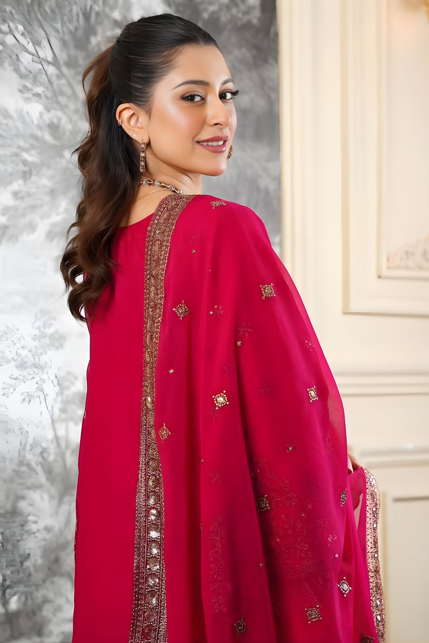 Adorable Rani Pink Embroidered Fendy Silk Pakistani Salwar Suit with Palazzo for Women