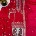 Adorable Rani Pink Embroidered Fendy Silk Pakistani Salwar Suit with Palazzo for Women