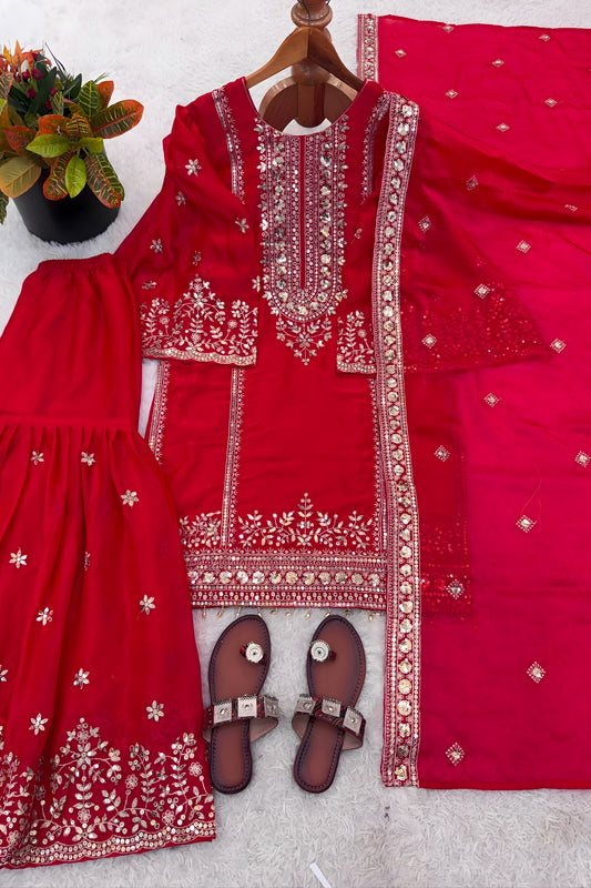 Adorable Rani Pink Embroidered Fendy Silk Pakistani Salwar Suit with Palazzo for Women