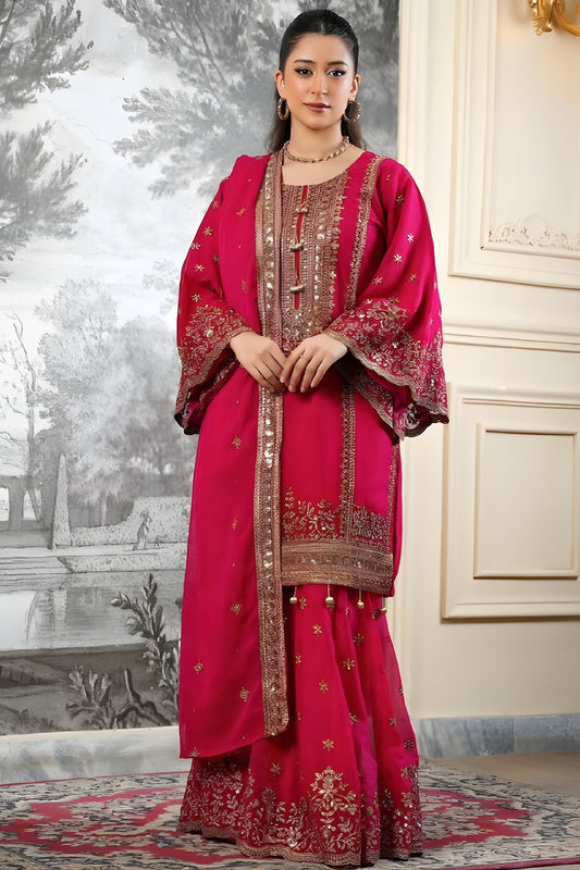 Adorable Rani Pink Embroidered Fendy Silk Pakistani Salwar Suit with Palazzo for Women
