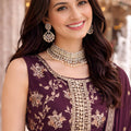 Elegant Wine Embroidered Viscose Jacquard Salwar Suit with Dupatta for Women
