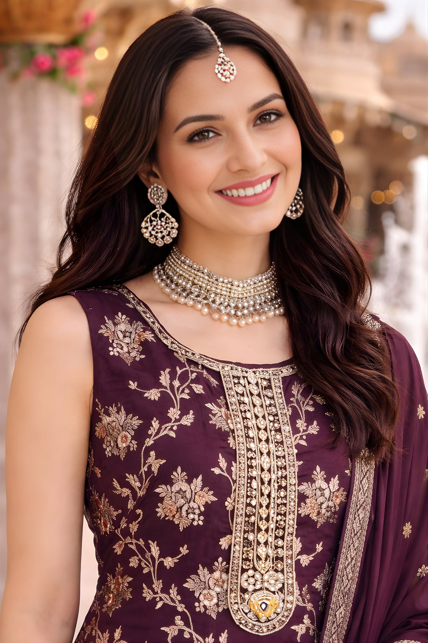 Elegant Wine Embroidered Viscose Jacquard Salwar Suit with Dupatta for Women