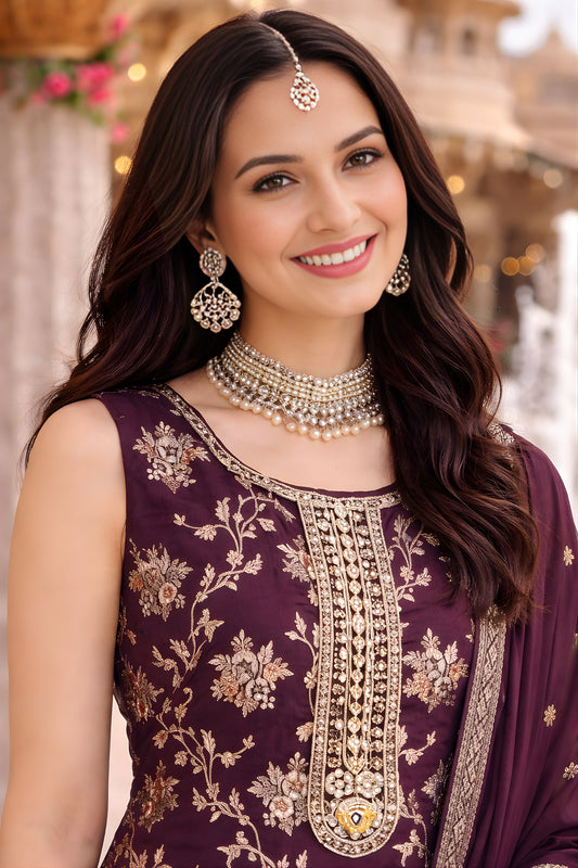 Elegant Wine Embroidered Viscose Jacquard Salwar Suit with Dupatta for Women