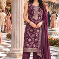 Elegant Wine Embroidered Viscose Jacquard Salwar Suit with Dupatta for Women