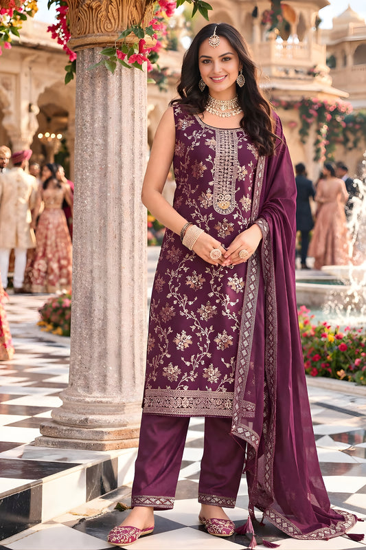 Elegant Wine Embroidered Viscose Jacquard Salwar Suit with Dupatta for Women