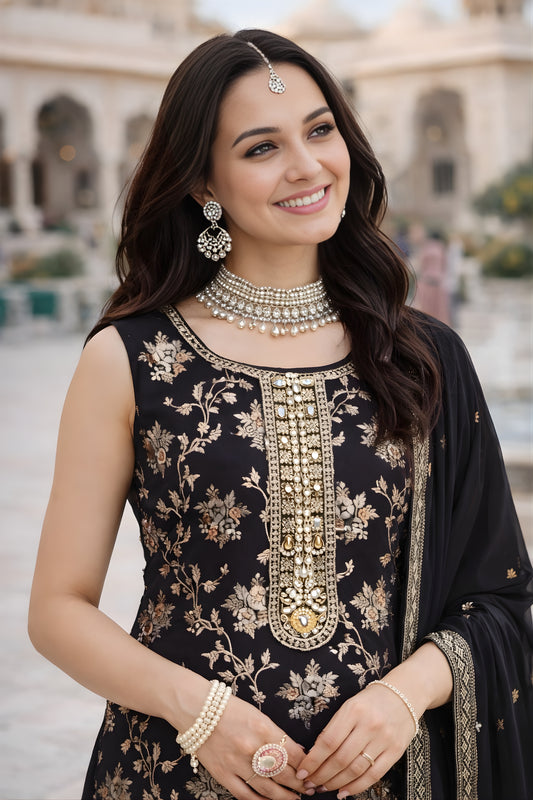 Stylish Black Embroidered Viscose Jacquard Salwar Suit with Dupatta for Women