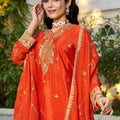 Vibrant Orange Embroidered Chinon Readymade Salwar Suit with Palazzo for Women