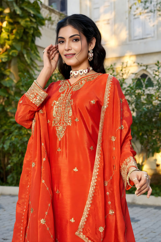 Vibrant Orange Embroidered Chinon Readymade Salwar Suit with Palazzo for Women