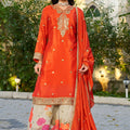 Vibrant Orange Embroidered Chinon Readymade Salwar Suit with Palazzo for Women