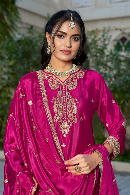 Elegant Rani Pink Embroidered Chinon Readymade Salwar Suit with Palazzo for Women