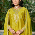 Stunning Lime Green Embroidered Chinon Readymade Salwar Suit with Palazzo for Women