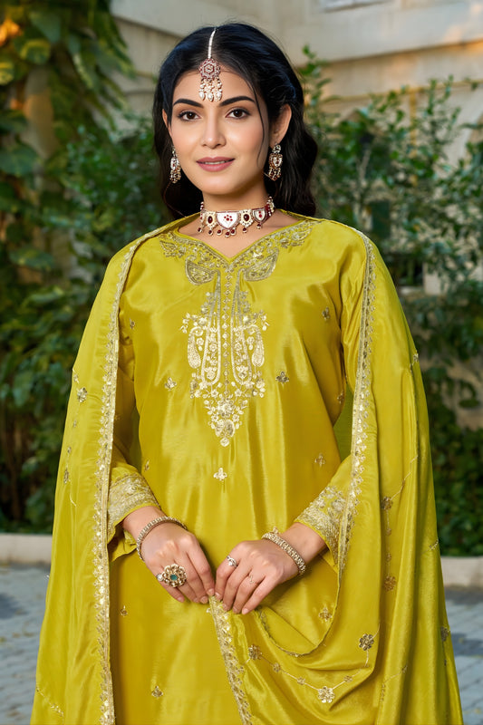 Stunning Lime Green Embroidered Chinon Readymade Salwar Suit with Palazzo for Women