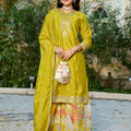 Stunning Lime Green Embroidered Chinon Readymade Salwar Suit with Palazzo for Women