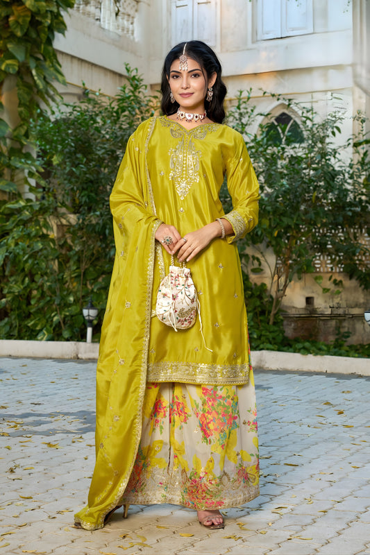 Stunning Lime Green Embroidered Chinon Readymade Salwar Suit with Palazzo for Women
