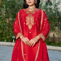 Trendy Red Embroidered Chinon Readymade Salwar Suit with Palazzo for Women