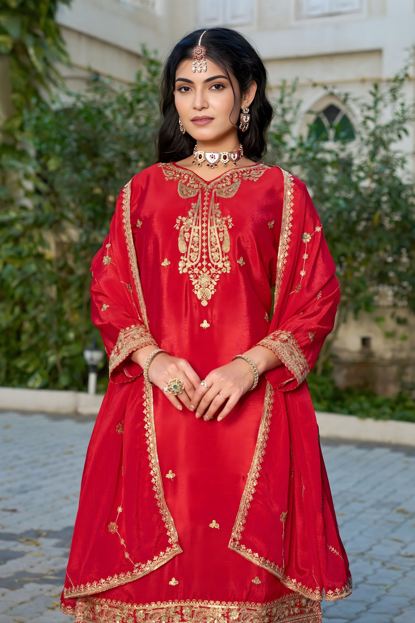 Trendy Red Embroidered Chinon Readymade Salwar Suit with Palazzo for Women