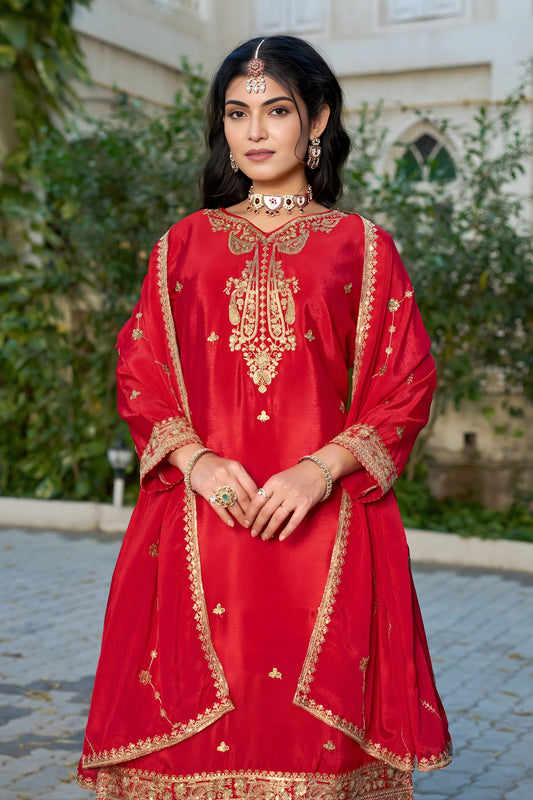 Trendy Red Embroidered Chinon Readymade Salwar Suit with Palazzo for Women