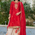 Trendy Red Embroidered Chinon Readymade Salwar Suit with Palazzo for Women