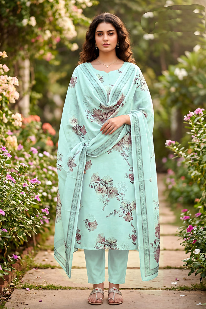 Elegant Mint Green Digital Printed Cotton Salwar Suit with Dupatta for Women