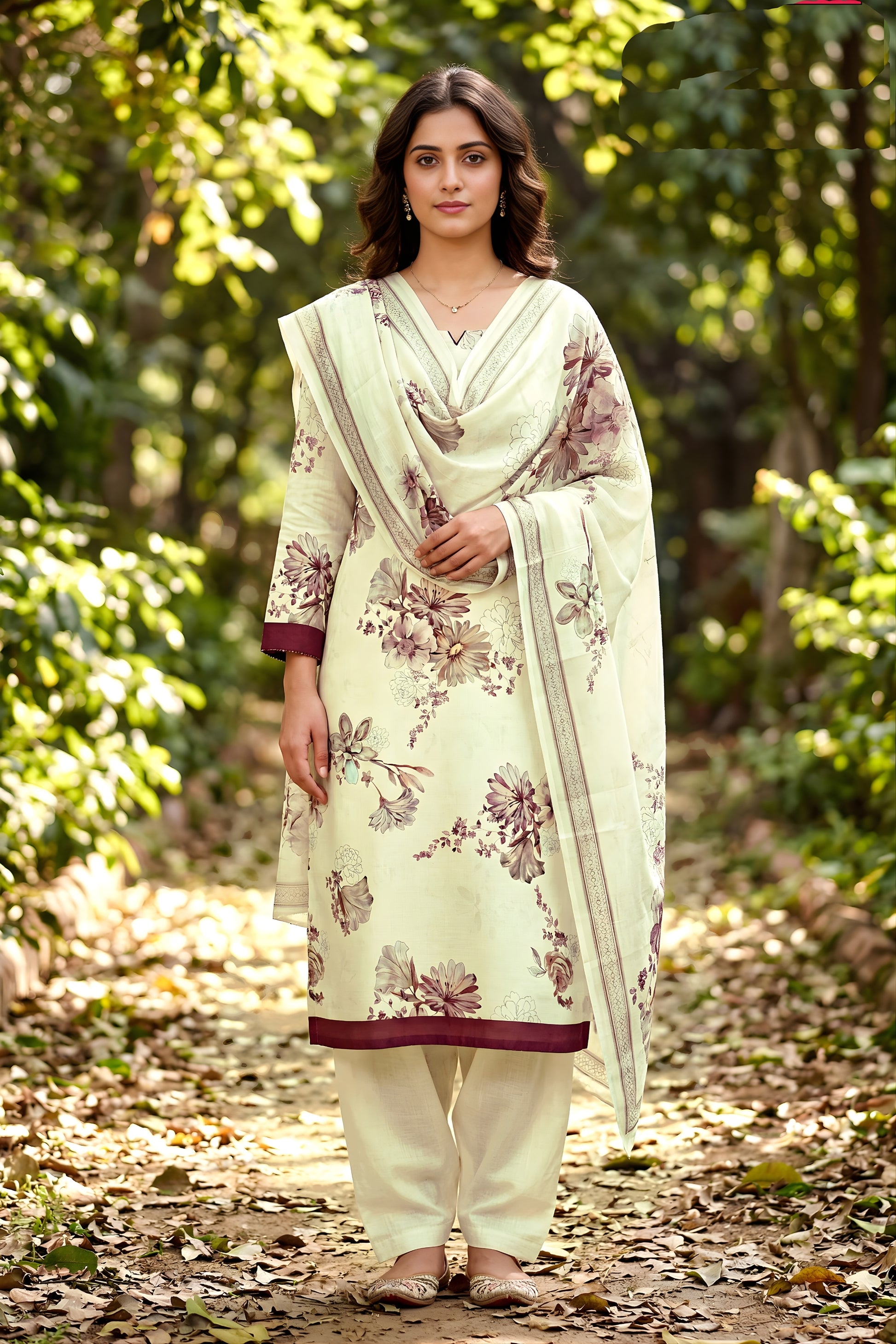 Stylish Cream Floral Digital Printed Cotton Salwar Suit with Dupatta for Women 
