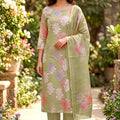 Stunning Olive Green Floral Digital Printed Cotton Salwar Suit with Dupatta for Women