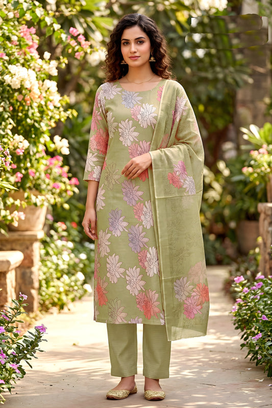 Stunning Olive Green Floral Digital Printed Cotton Salwar Suit with Dupatta for Women