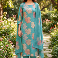 Graceful Sky Blue Floral Digital Printed Cotton Salwar Suit with Dupatta for Women
