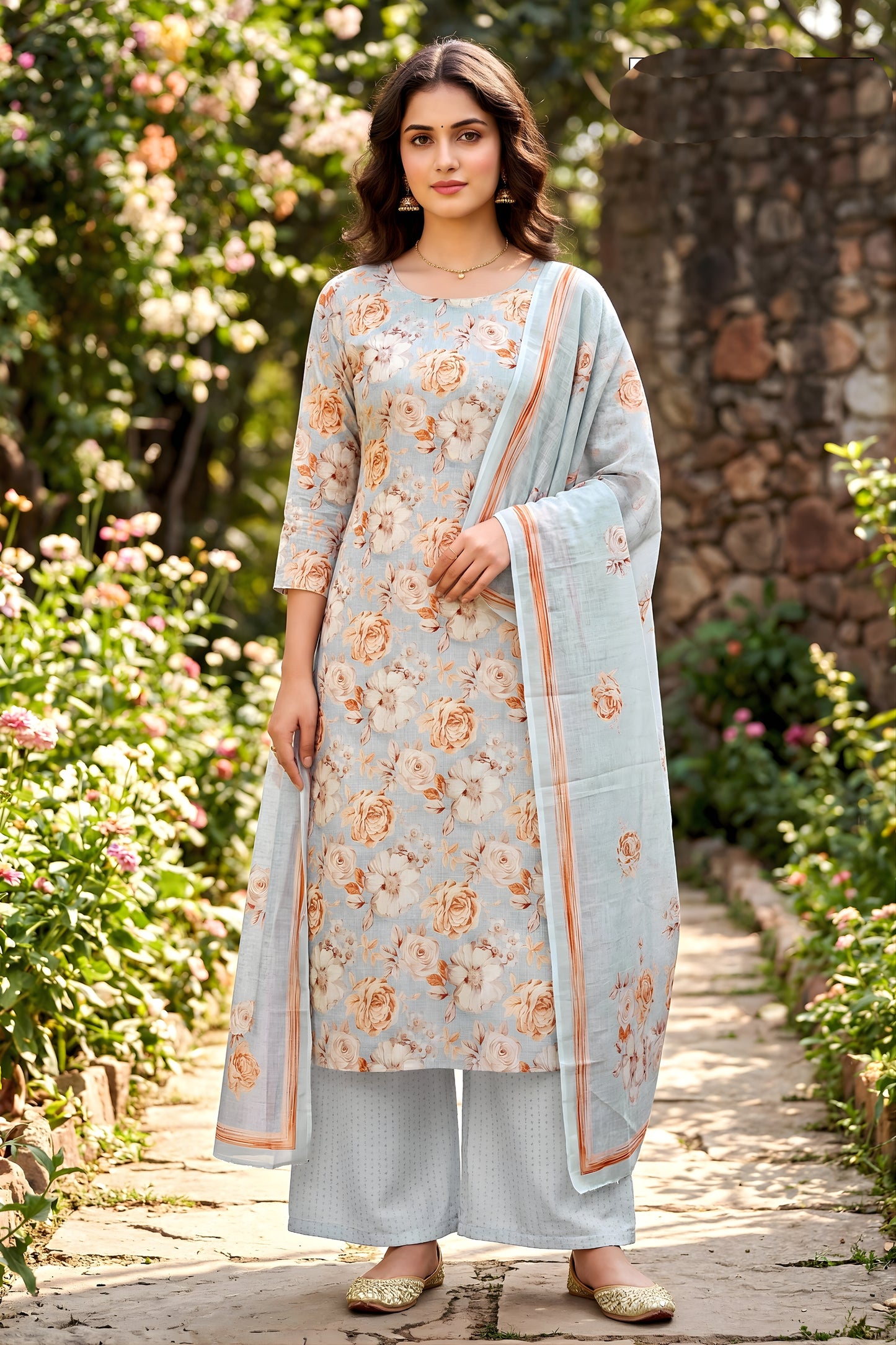 Trendy Light Grey Floral Digital Printed Cotton Palazzo Suit with Dupatta for Women